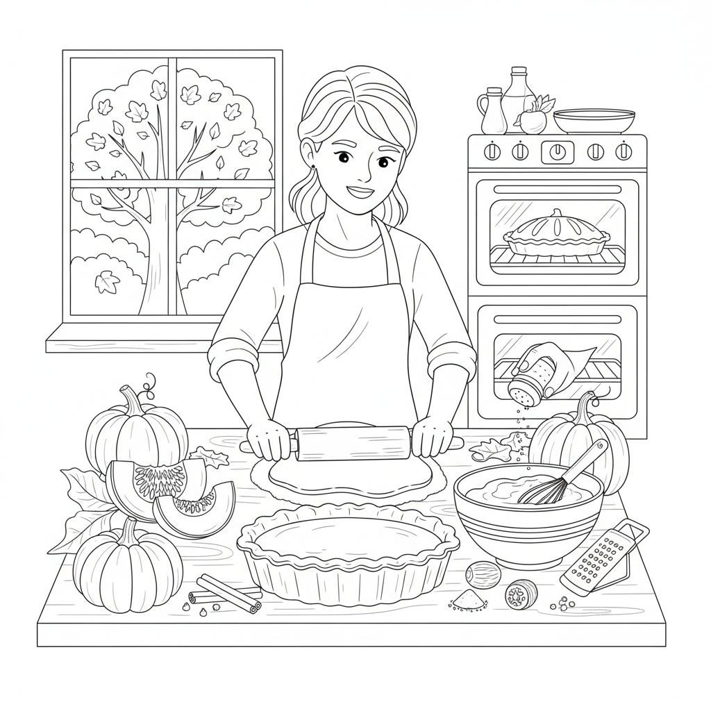 Pumpkin Pie Preparation - Free Printable Coloring Page Pumpkin Pie Preparation - Free Printable Coloring Page