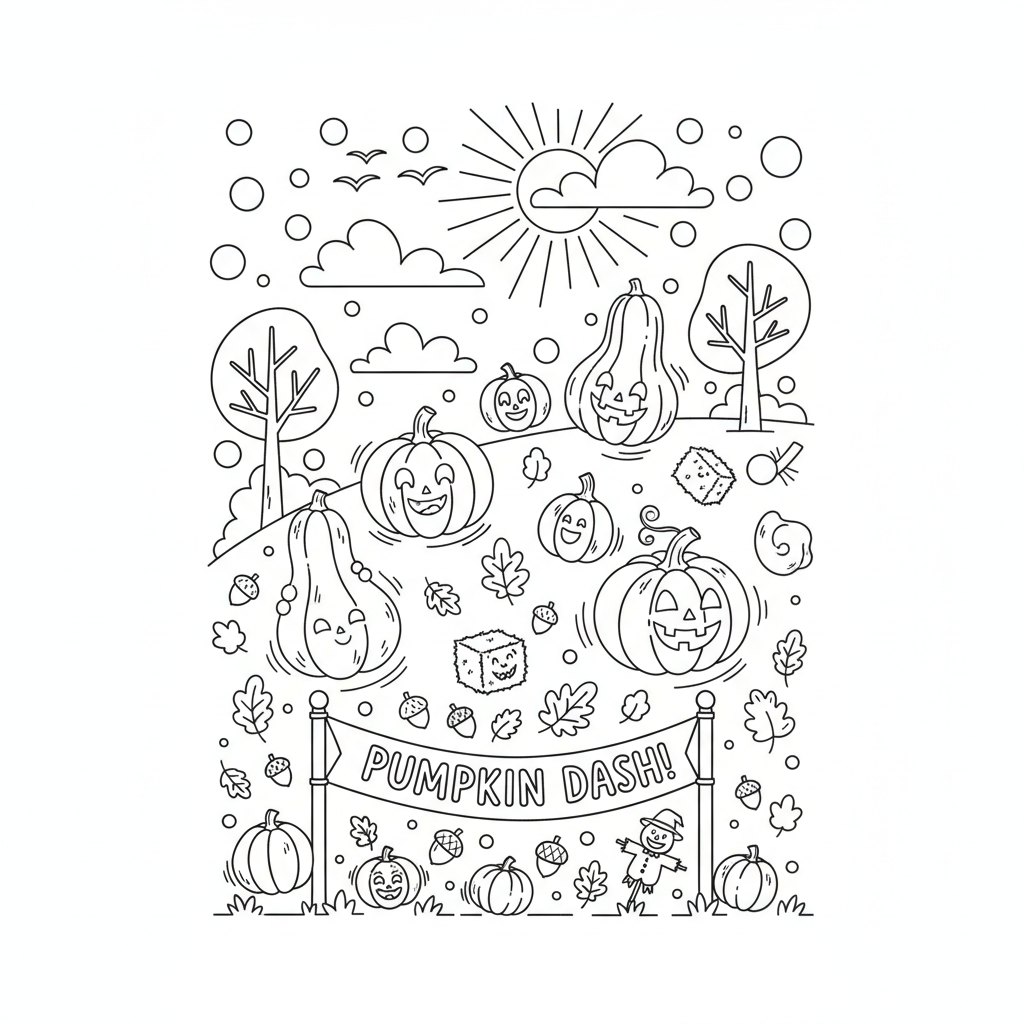 Pumpkin race rolling down hill competition autumn event - Free Printable Coloring Page