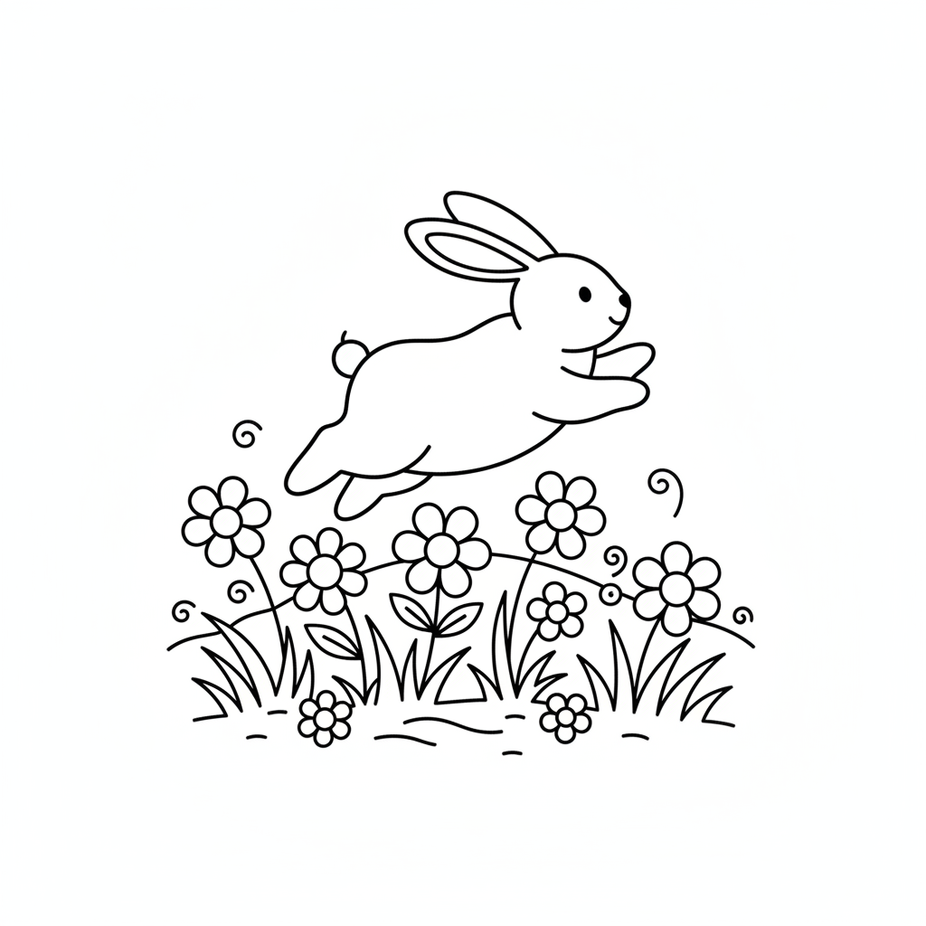 Coniglio che saltella nel prato saltando tra i fiori d'erba - Free Printable Coloring Page