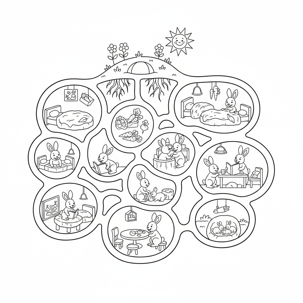 Rabbit warren underground tunnels complex home system - Free Printable Coloring Page Rabbit warren underground tunnels complex home system - Free Printable Coloring Page