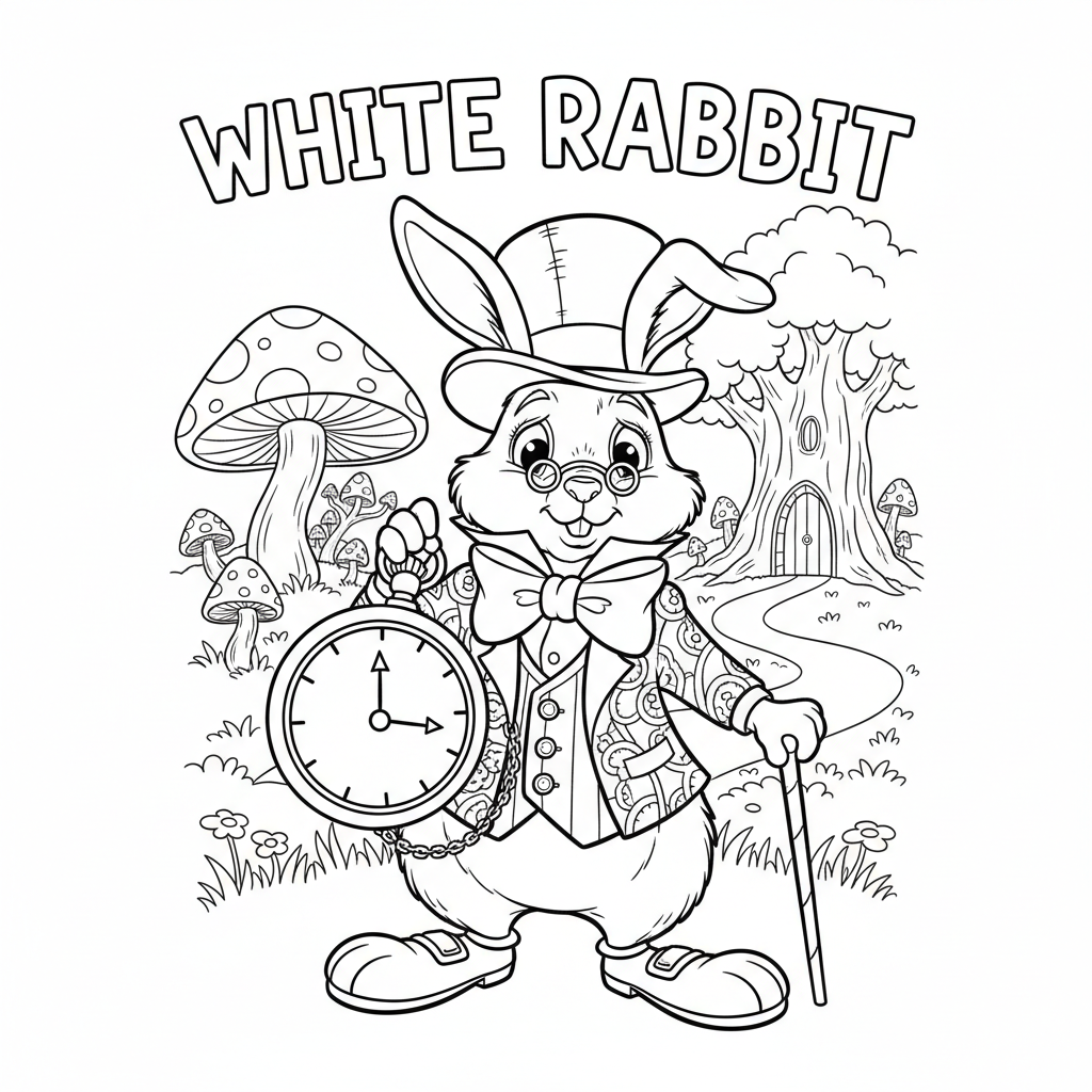 Il coniglio bianco del Paese delle Meraviglie, orologio da tasca di Alice - Free Printable Coloring Page