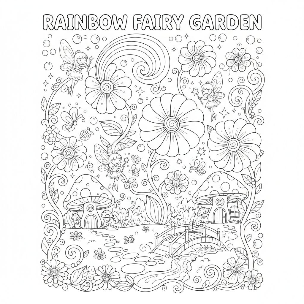 Rainbow fairy garden magical colorful flowers tiny - Free Printable Coloring Page