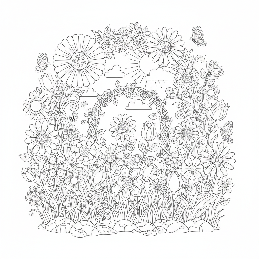 Rainbow Flower Garden - Free Printable Coloring Page Rainbow Flower Garden - Free Printable Coloring Page