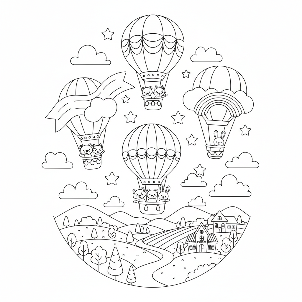 Rainbow Hot Air Balloons - Free Printable Coloring Page Rainbow Hot Air Balloons - Free Printable Coloring Page
