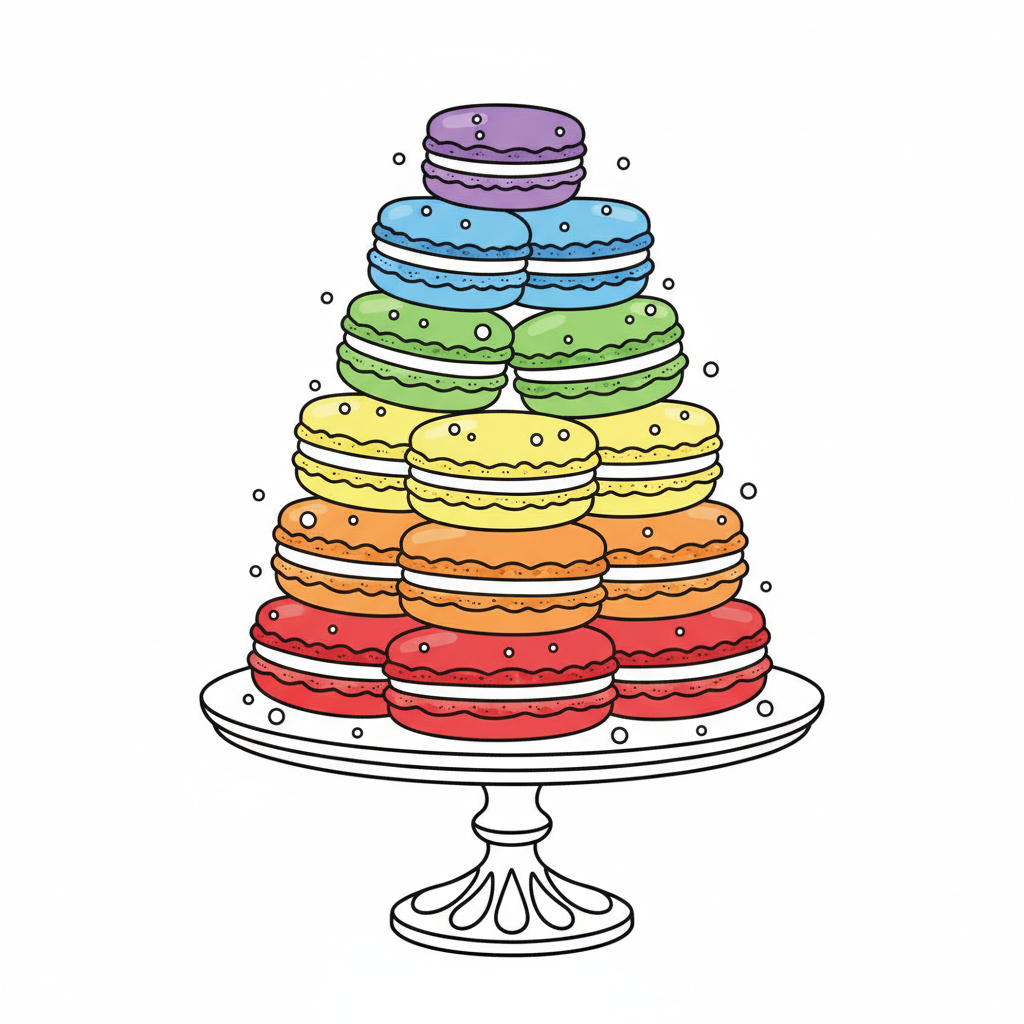 Rainbow macaron tower dessert colorful French treats - Free Printable Coloring Page Rainbow macaron tower dessert colorful French treats - Free Printable Coloring Page
