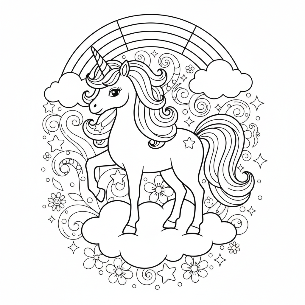 Rainbow unicorn scene magical fantasy colorful mane - Free Printable Coloring Page