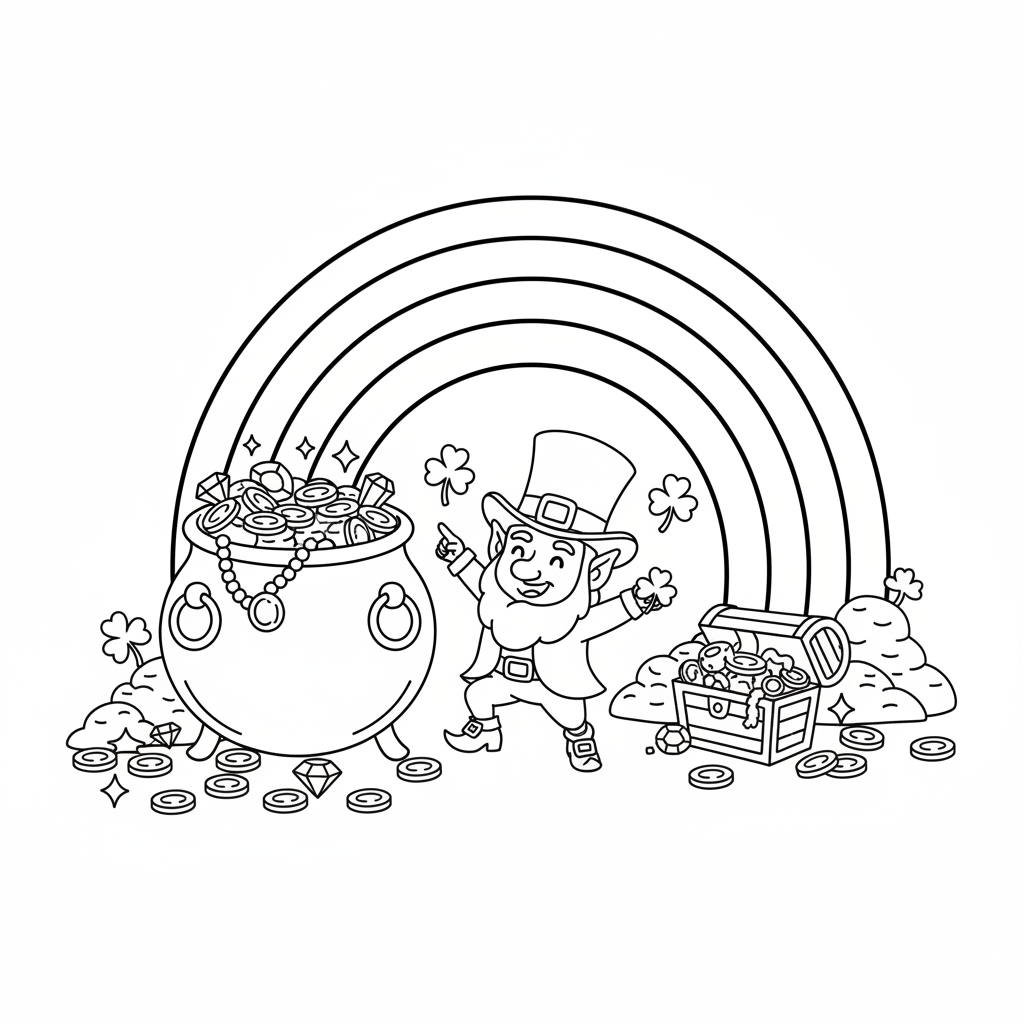 Rainbow with pot of gold end leprechaun treasure - Free Printable Coloring Page