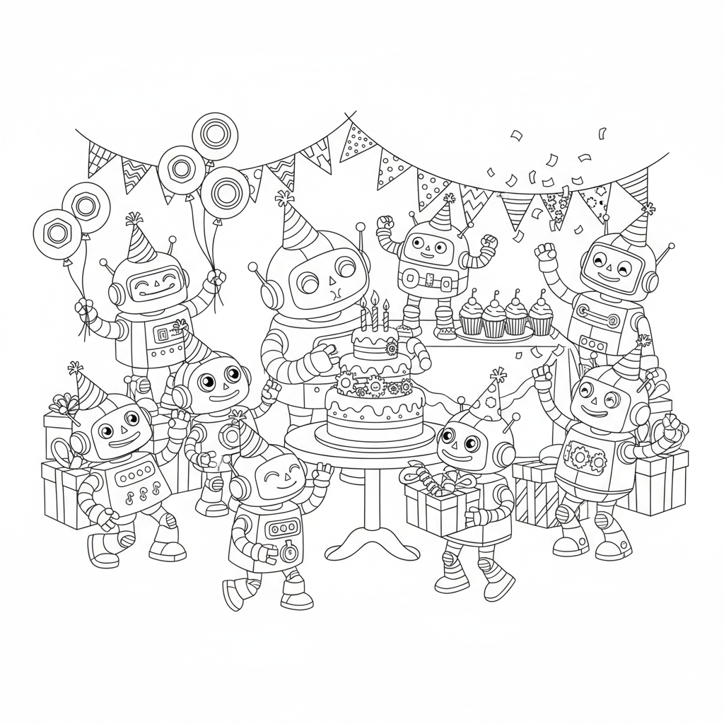 Robot Birthday Party - Free Printable Coloring Page Robot Birthday Party - Free Printable Coloring Page