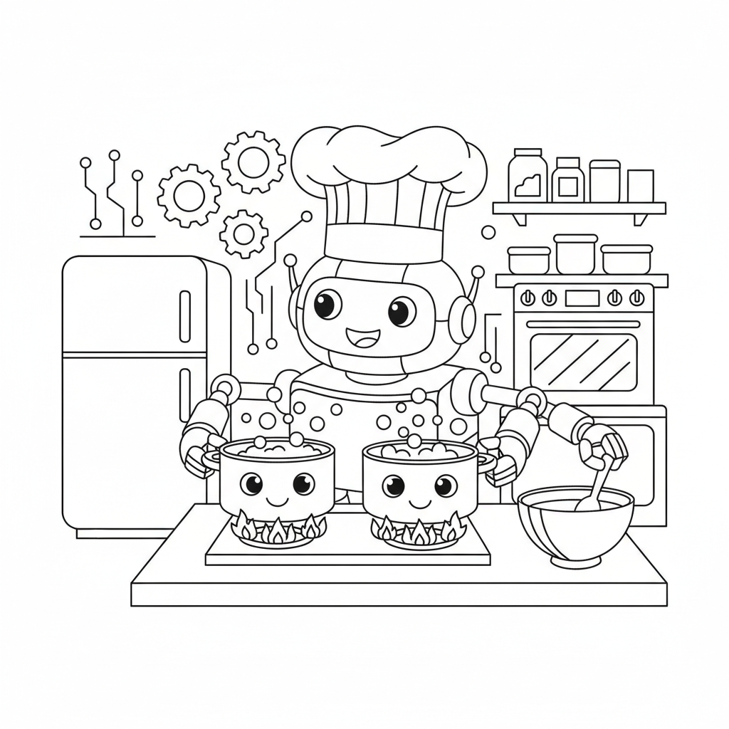 Robot chef cooking in kitchen with mechanical arms pots - Free Printable Coloring Page