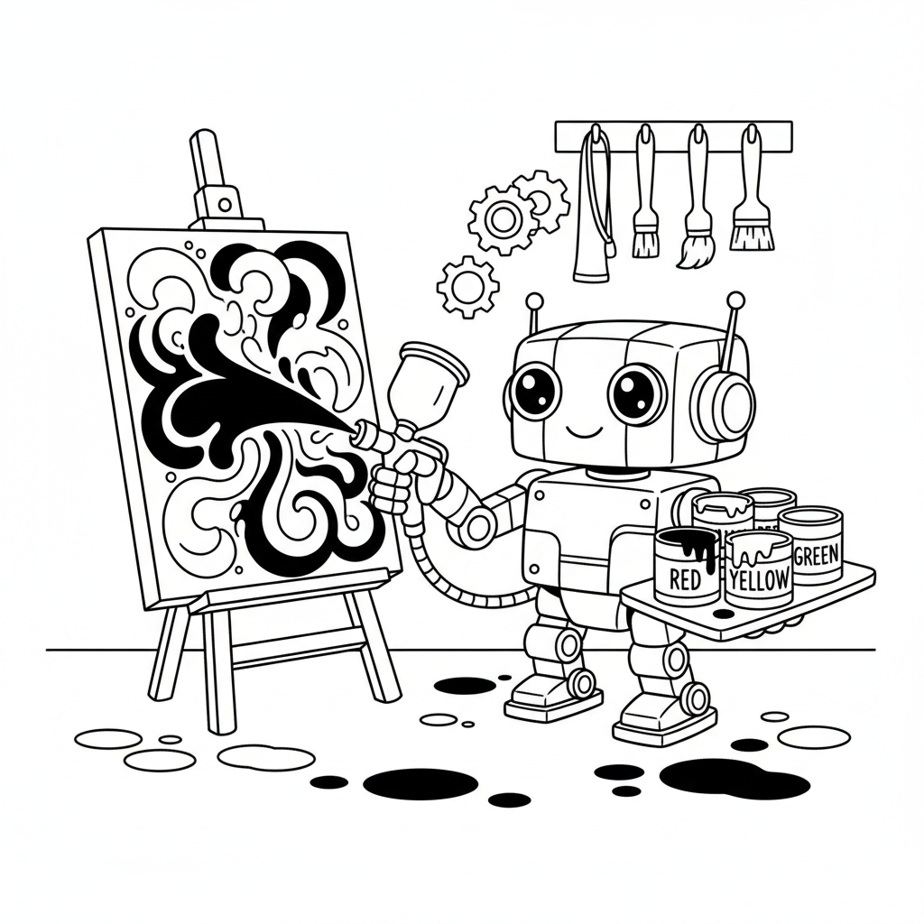 Robot painter creating art with paint sprayer arm canvas - Free Printable Coloring Page