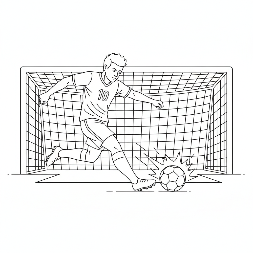 Approche puissante et précise d'une star du football pour tirer un penalty - Coloriage gratuit à imprimer