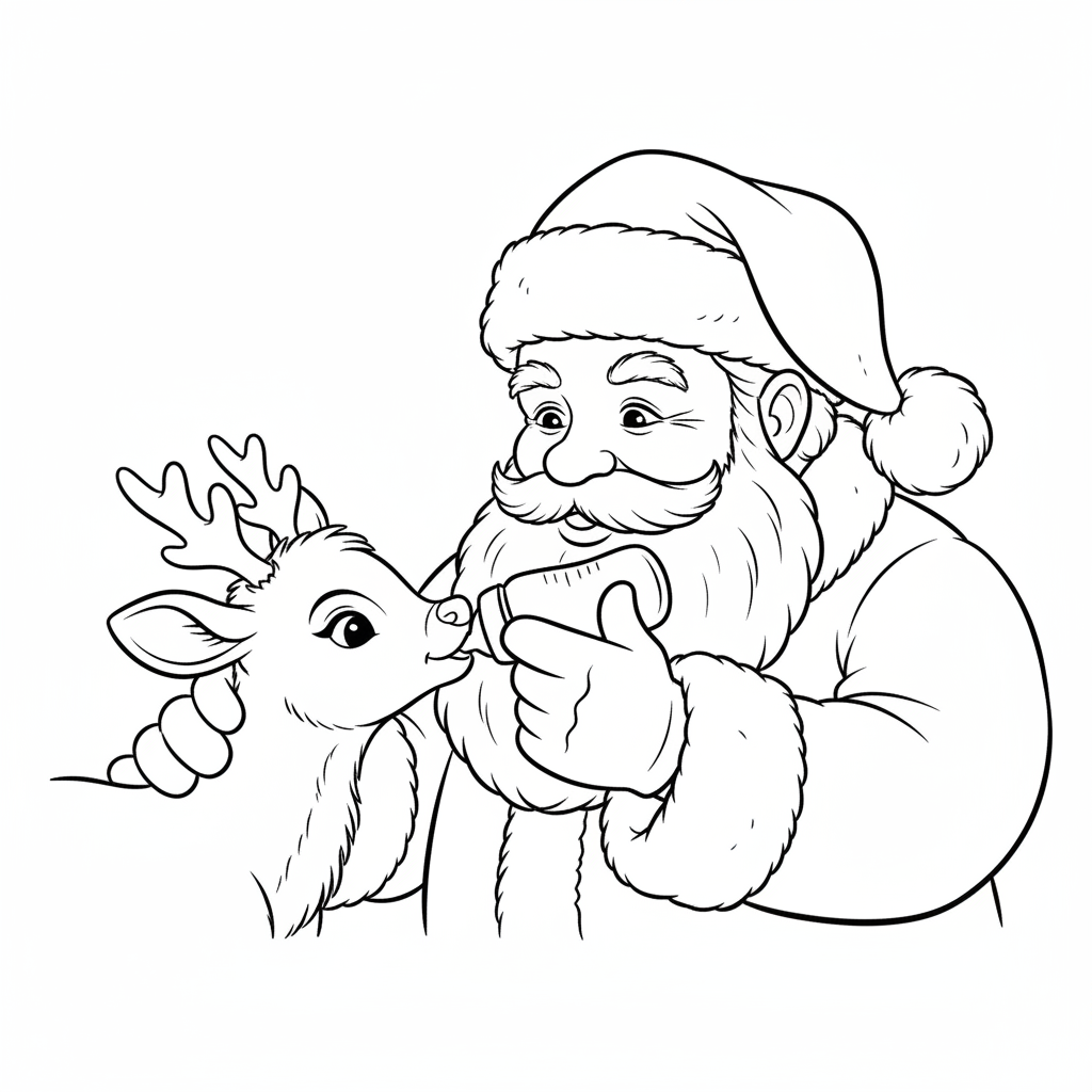 Baby reindeer nuzzling Santas hand while he feeds it from a bottle simple sweet scene - Free Printable Coloring Page