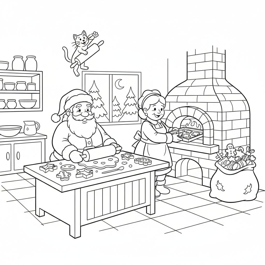 Santa baking gingerbread cookies in Mrs Claus kitchen - Free Printable Coloring Page