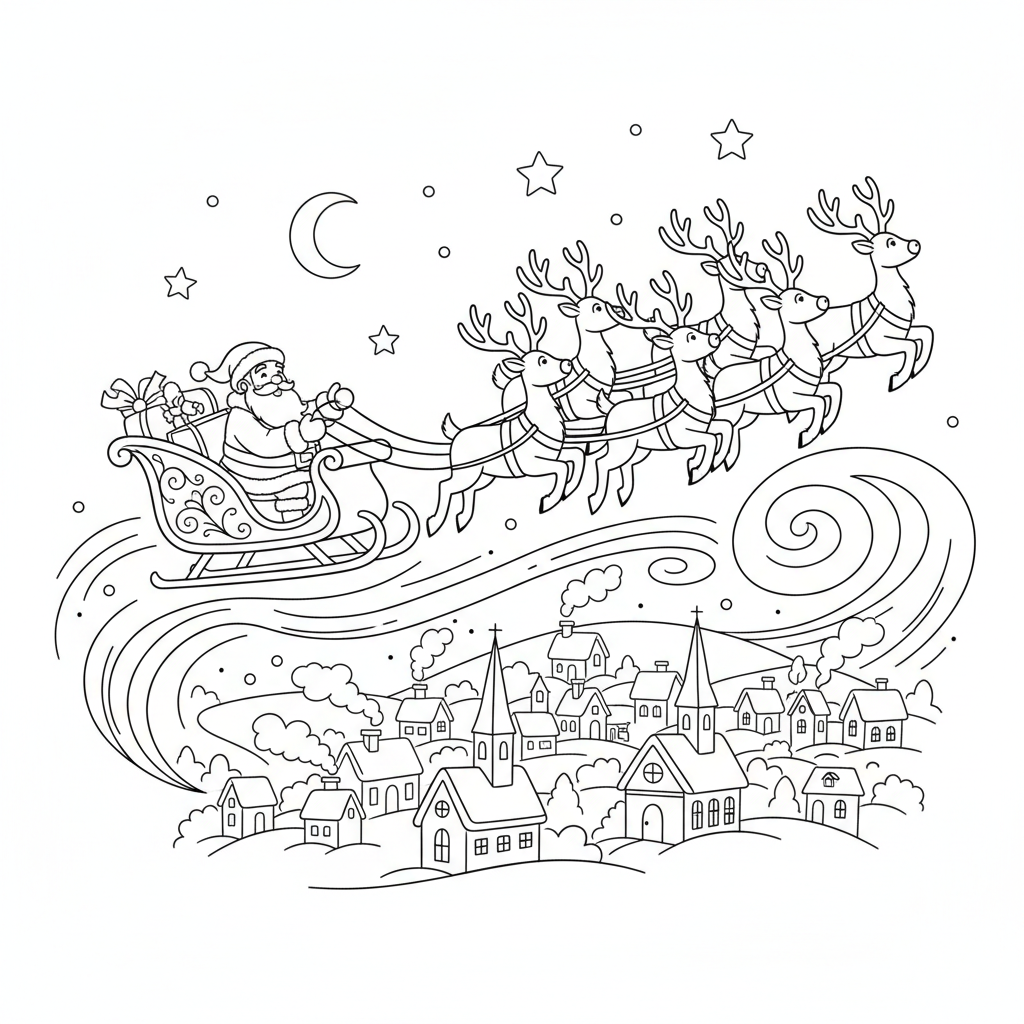 Santa Claus riding in magical sleigh pulled by nine reindeer flying over snowy village at night - Free Printable Coloring Page Santa Claus riding in magical sleigh pulled by nine reindeer flying over snowy village at night - Free Printable Coloring Page