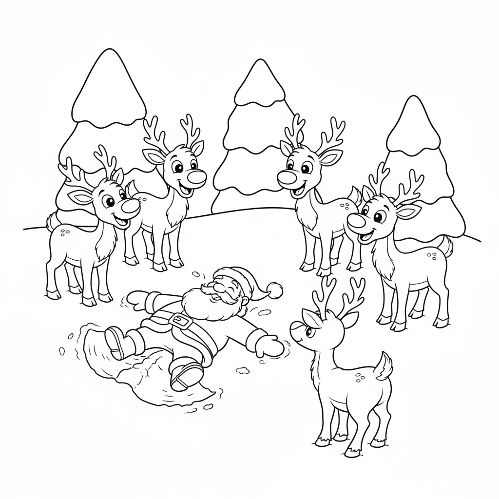 Santa making snow angels in fresh powder snow with reindeer watching amused - Free Printable Coloring Page
