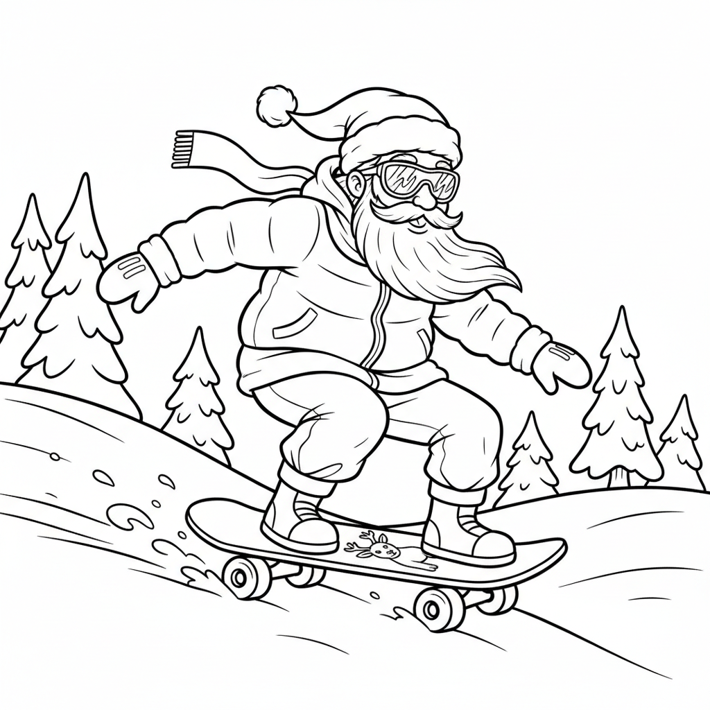 Santa skateboarding down snowy hill wearing cool sunglasses modern fun scene - Free Printable Coloring Page Santa skateboarding down snowy hill wearing cool sunglasses modern fun scene - Free Printable Coloring Page