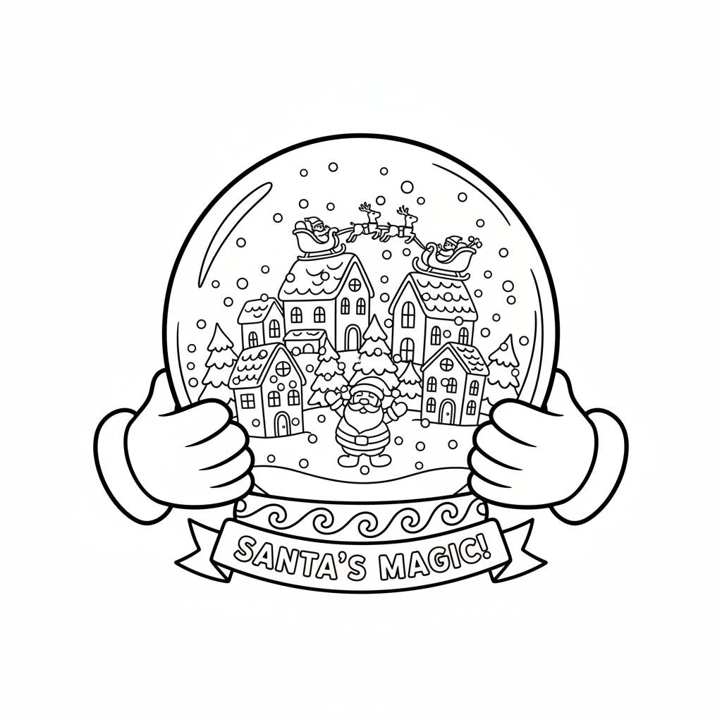 De magische sneeuwbol van de Kerstman met een miniatuurdorpje erin, vastgehouden in gehandschoende handen. - Gratis afdrukbare kleurplaat