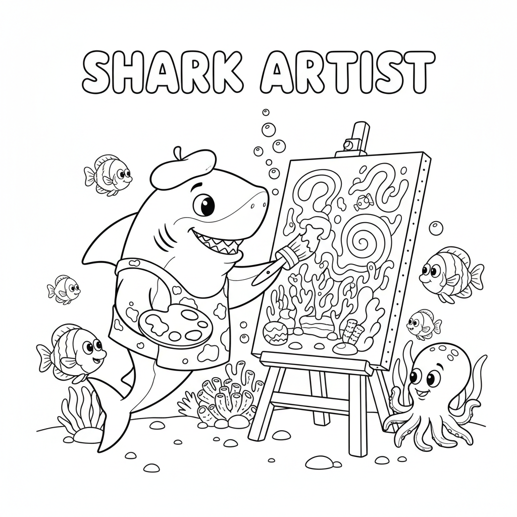 Shark artist painting underwater canvas creative brush - Free Printable Coloring Page Shark artist painting underwater canvas creative brush - Free Printable Coloring Page