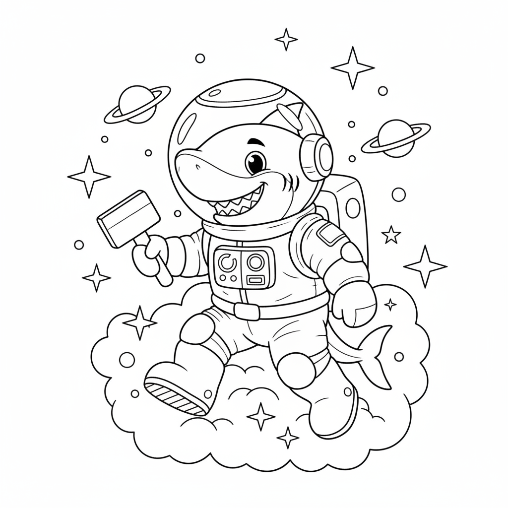 Shark astronaut space suit floating stars exploring - Free Printable Coloring Page Shark astronaut space suit floating stars exploring - Free Printable Coloring Page