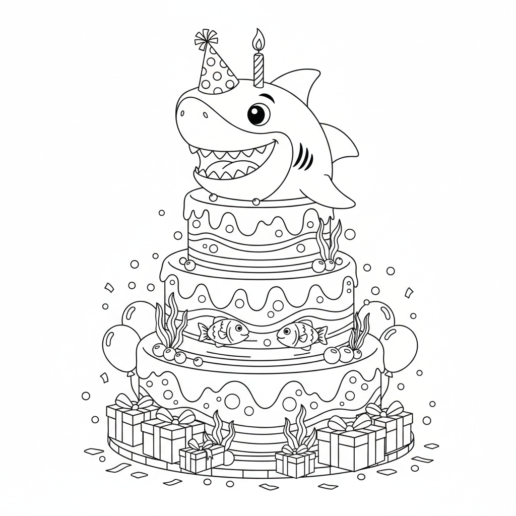 Shark Birthday Party Cake - Free Printable Coloring Page Shark Birthday Party Cake - Free Printable Coloring Page