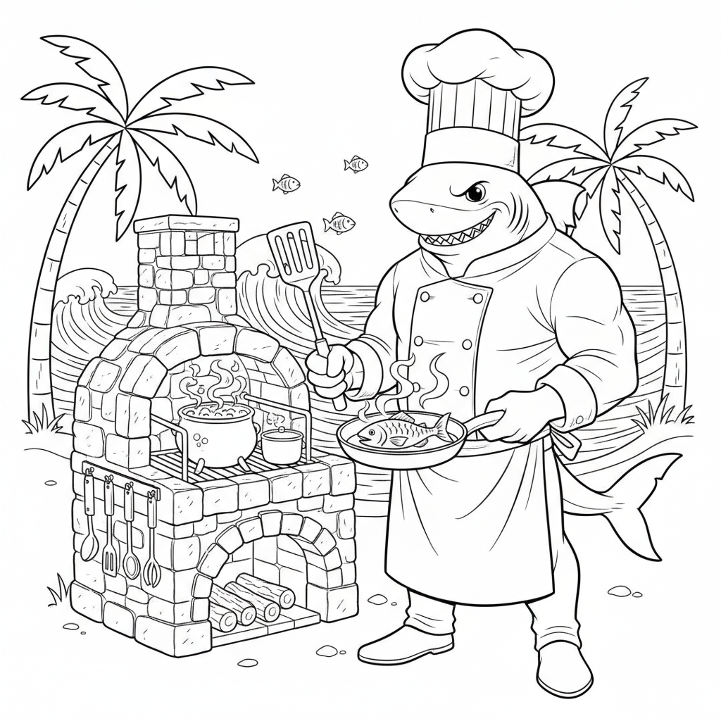 Shark Chef Cooking Fish - Free Printable Coloring Page Shark Chef Cooking Fish - Free Printable Coloring Page