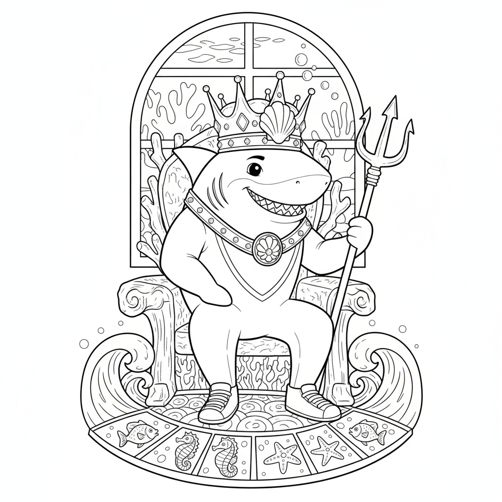 Shark king crown throne ocean ruler royal - Free Printable Coloring Page Shark king crown throne ocean ruler royal - Free Printable Coloring Page