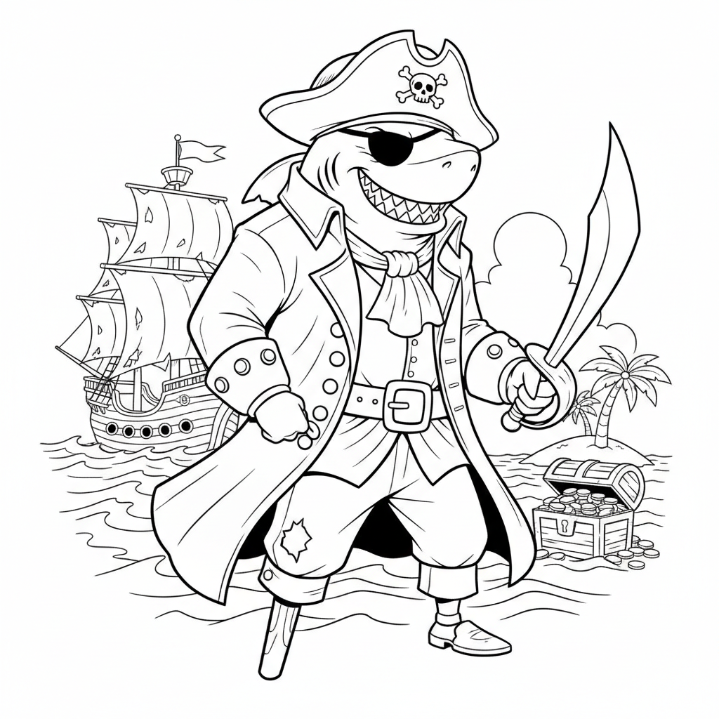 Shark Pirate Captain - Free Printable Coloring Page Shark Pirate Captain - Free Printable Coloring Page