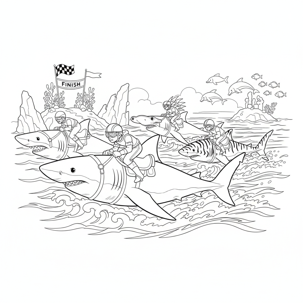 Shark Racing Competition - Free Printable Coloring Page Shark Racing Competition - Free Printable Coloring Page