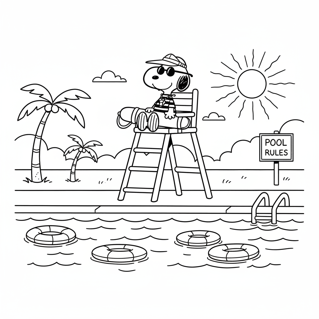 Snoopy as a lifeguard at the swimming pool summer - Free Printable Coloring Page