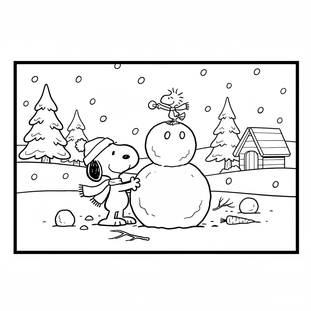 Snoopy building a snowman with Woodstock in snowy yard - Free Printable Coloring Page