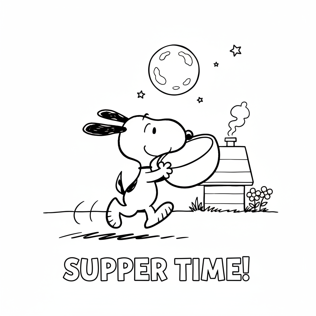Snoopy carrying his food bowl eagerly at suppertime - Free Printable Coloring Page Snoopy carrying his food bowl eagerly at suppertime - Free Printable Coloring Page
