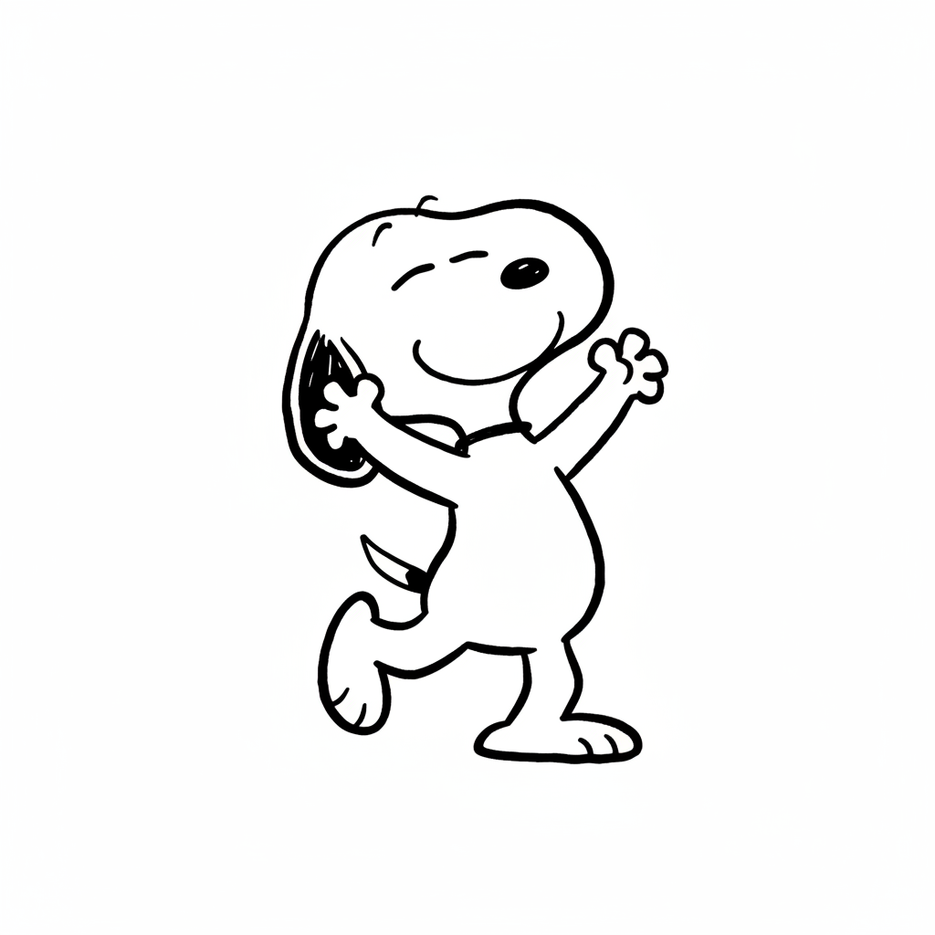 Snoopy dancing joyfully with arms in the air happy dance - Free Printable Coloring Page Snoopy dancing joyfully with arms in the air happy dance - Free Printable Coloring Page