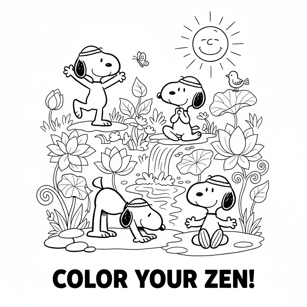 Snoopy haciendo posturas de yoga en un entorno tranquilo de jardín. - Página para colorear gratis