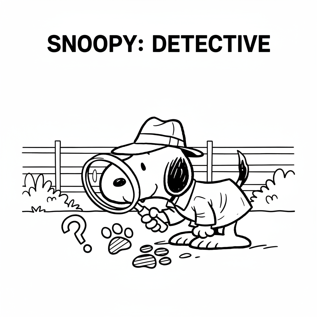 Snoopy dressed as a detective with magnifying glass investigating - Free Printable Coloring Page