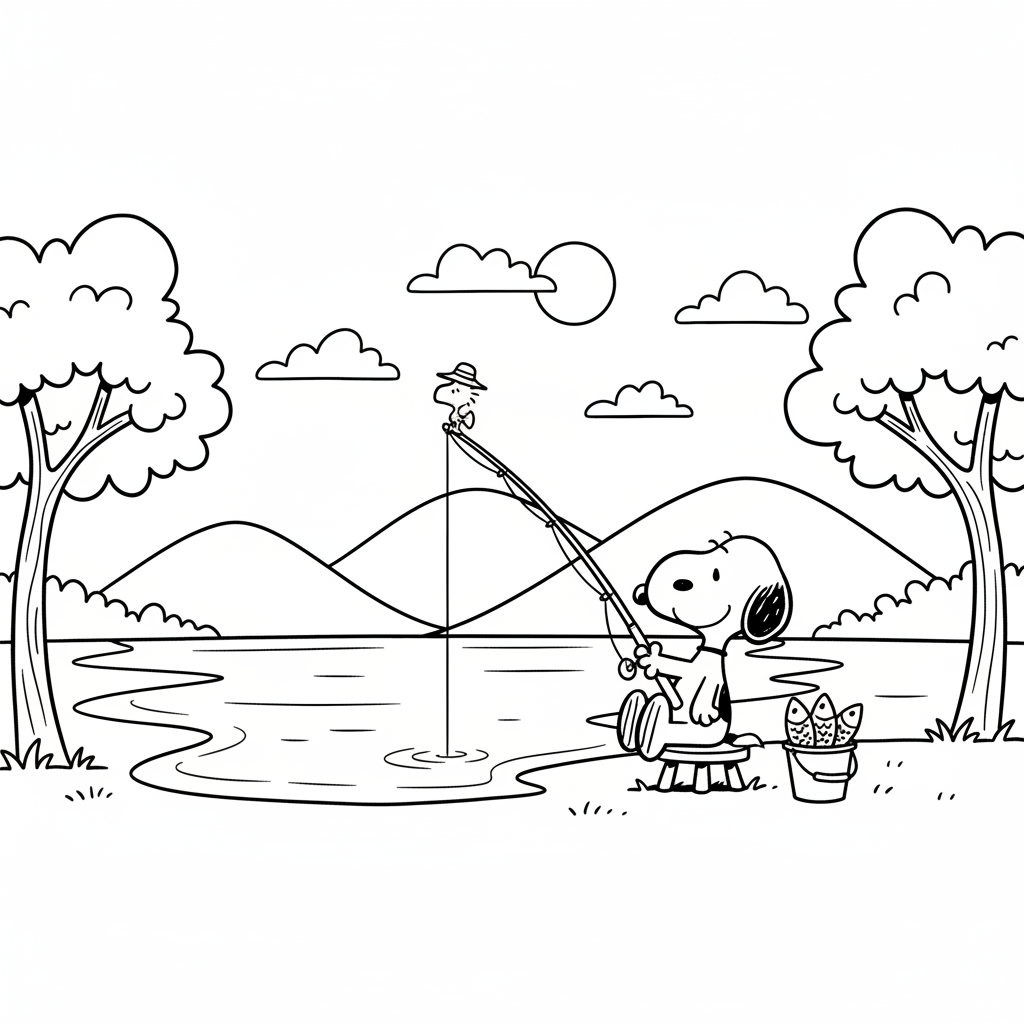 Snoopy fishing at a peaceful lake with Woodstock - Free Printable Coloring Page