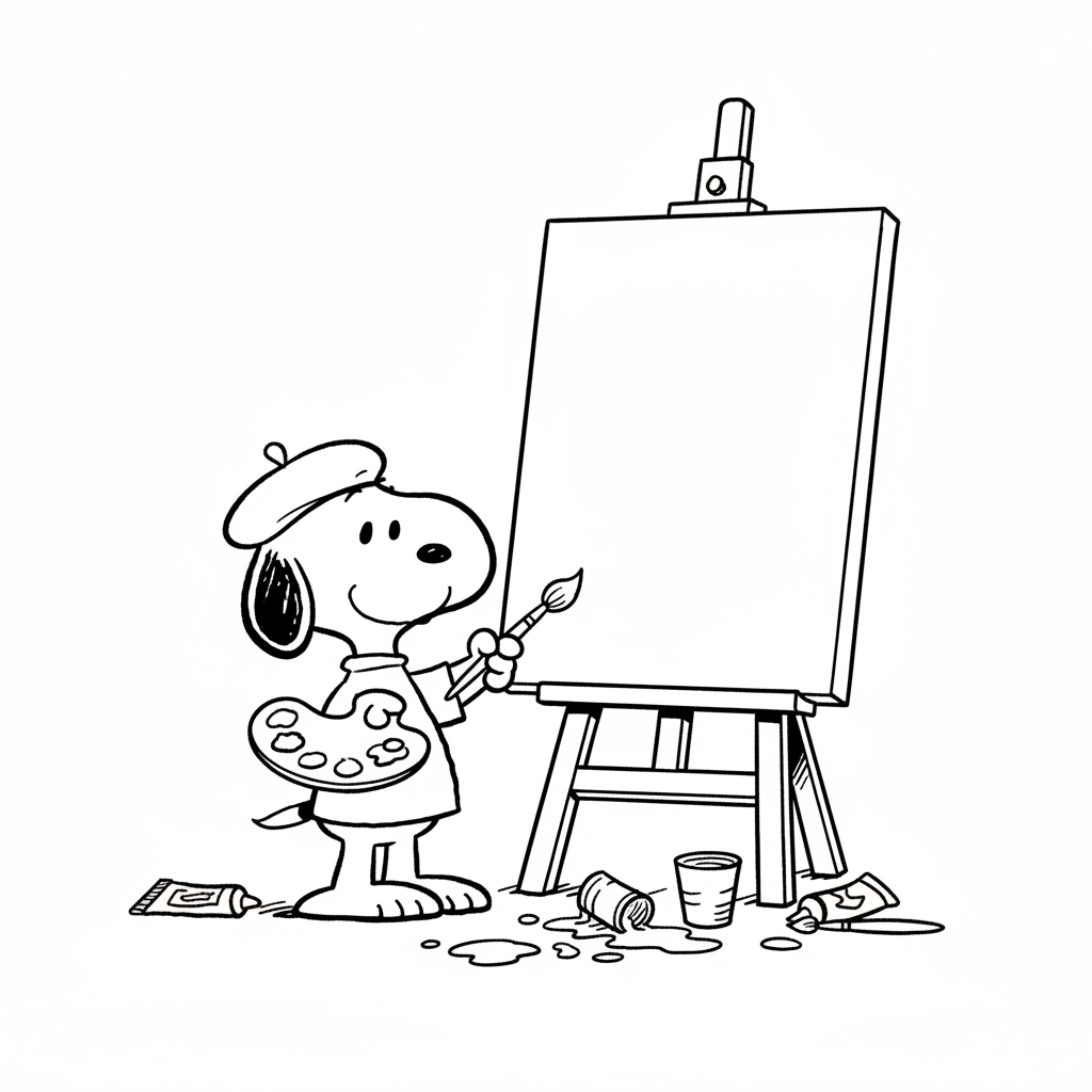 Snoopy che dipinge un quadro su tela come un artista - Disegno da colorare gratuito