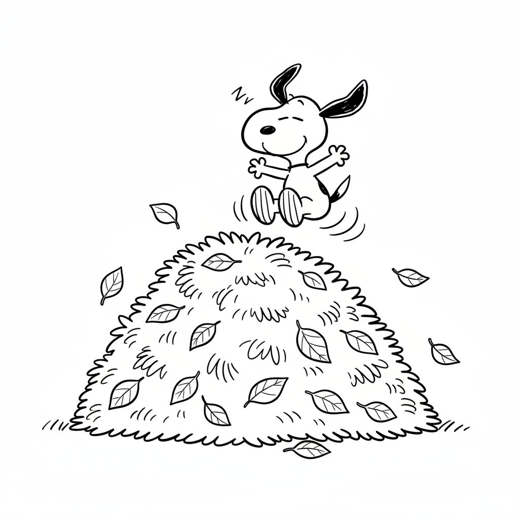 Snoopy playing in autumn leaves pile jumping with joy - Free Printable Coloring Page Snoopy playing in autumn leaves pile jumping with joy - Free Printable Coloring Page