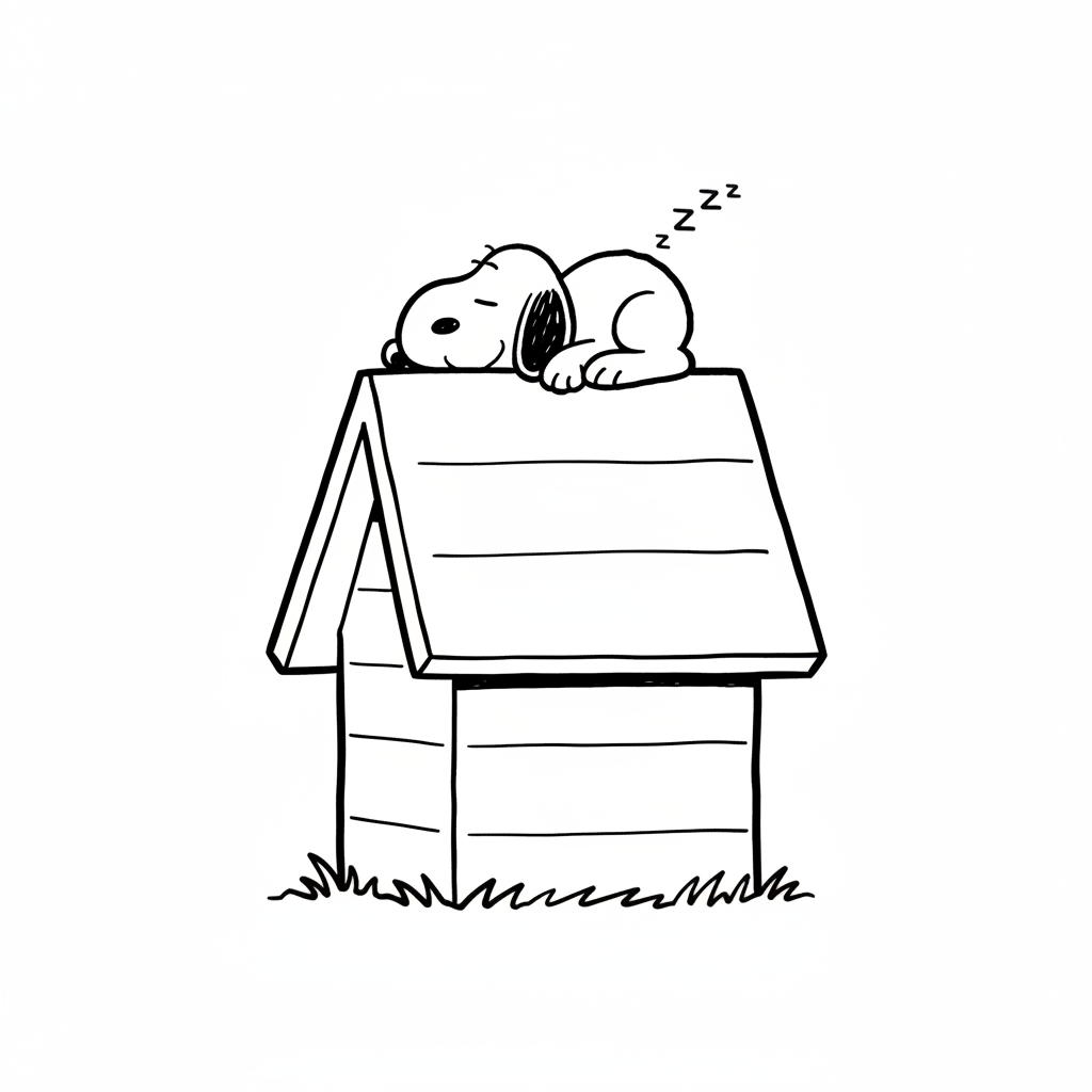 Snoopy sleeping peacefully on top of his red doghouse - Free Printable Coloring Page