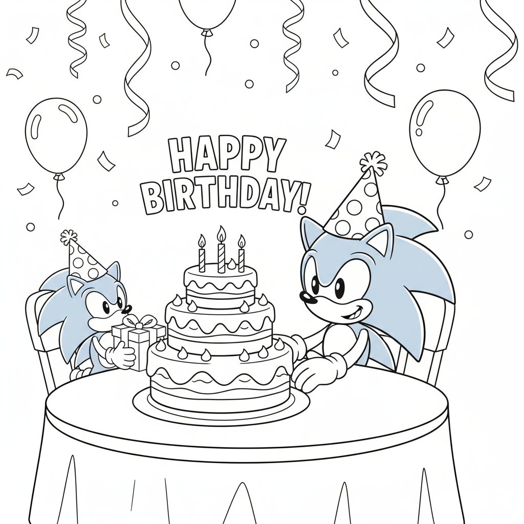Fête d'anniversaire d'un hérisson bleu de dessin animé avec gâteau - Coloriage gratuit à imprimer