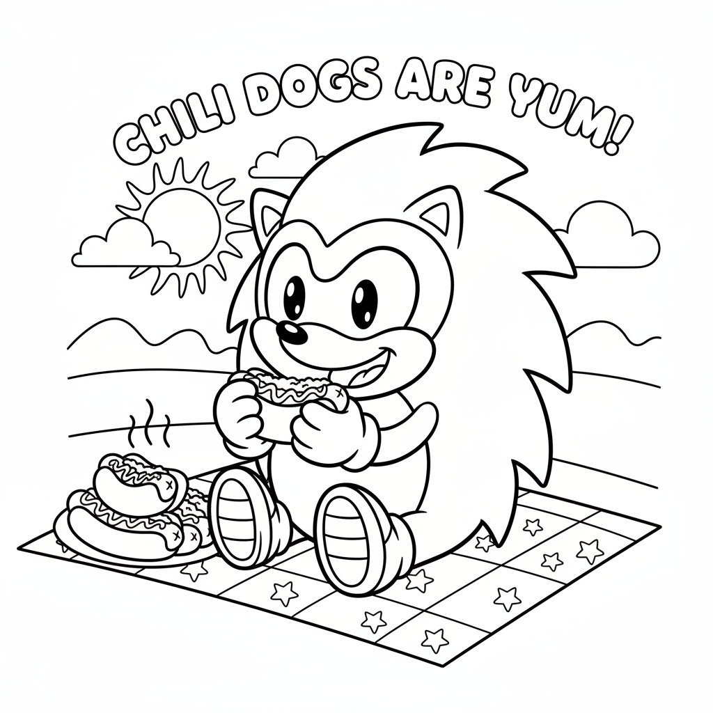 Un hérisson bleu de dessin animé mangeant des chili dogs, sa nourriture préférée, heureux - Coloriage gratuit à imprimer