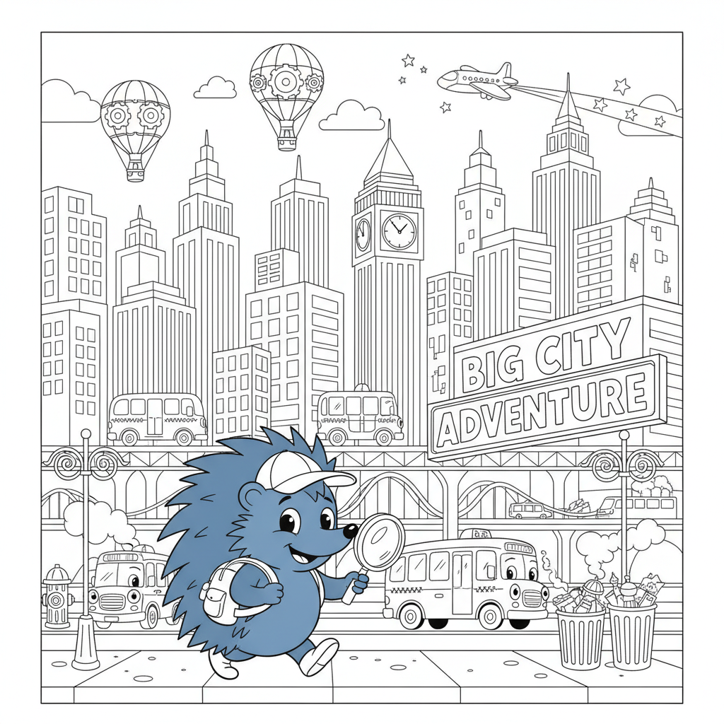 Un hérisson bleu de dessin animé explorant les grandes villes et les aventures urbaines - Coloriage gratuit à imprimer