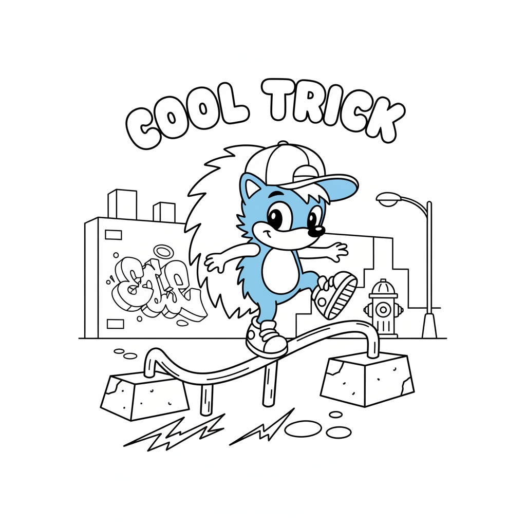 Un hérisson bleu de dessin animé qui meule sur un rail cool urbain - Coloriage gratuit à imprimer