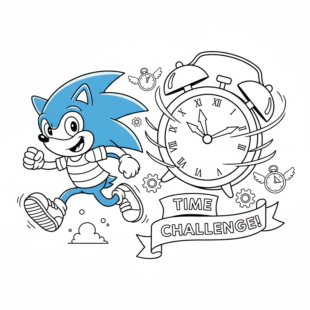 Un hérisson bleu de dessin animé fait la course contre la montre - Free Printable Coloring Page