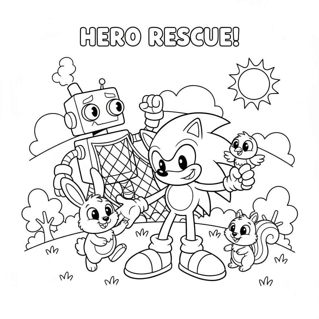 Un hérisson bleu de dessin animé sauvant des animaux mignons d'un robot - Coloriage gratuit à imprimer