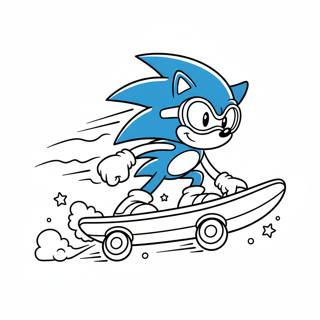 Un hérisson bleu de dessin animé sur un hoverboard en train de courir à toute allure - Coloriage gratuit à imprimer