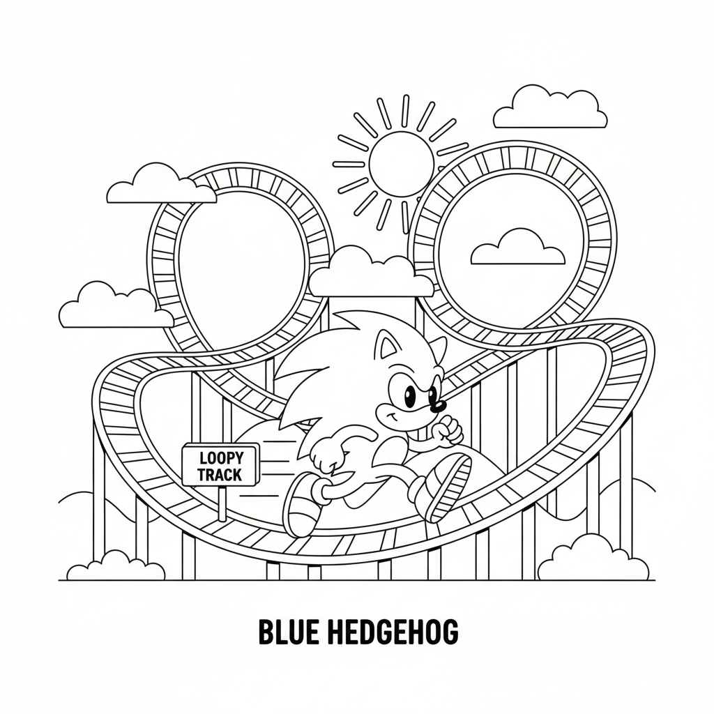 Un hérisson bleu de dessin animé courant sur une piste classique en boucle - Coloriage gratuit à imprimer