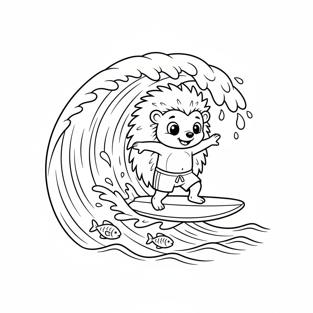 Hérisson bleu de dessin animé surfant sur les vagues de l'océan en équilibre sur une planche - Coloriage gratuit à imprimer