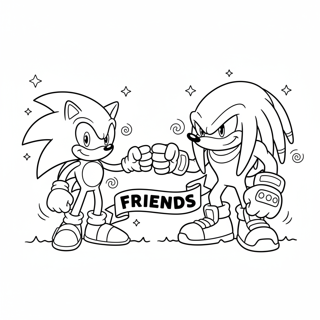 Un hérisson bleu et un échidné rouge se frappent le poing d'amitié - Free Printable Coloring Page