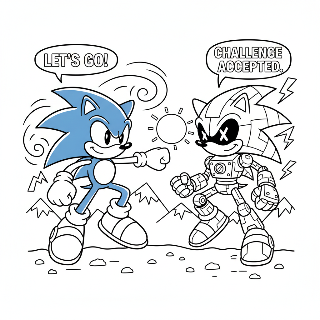 Un hérisson bleu face à un robot doublement rival - Coloriage gratuit à imprimer