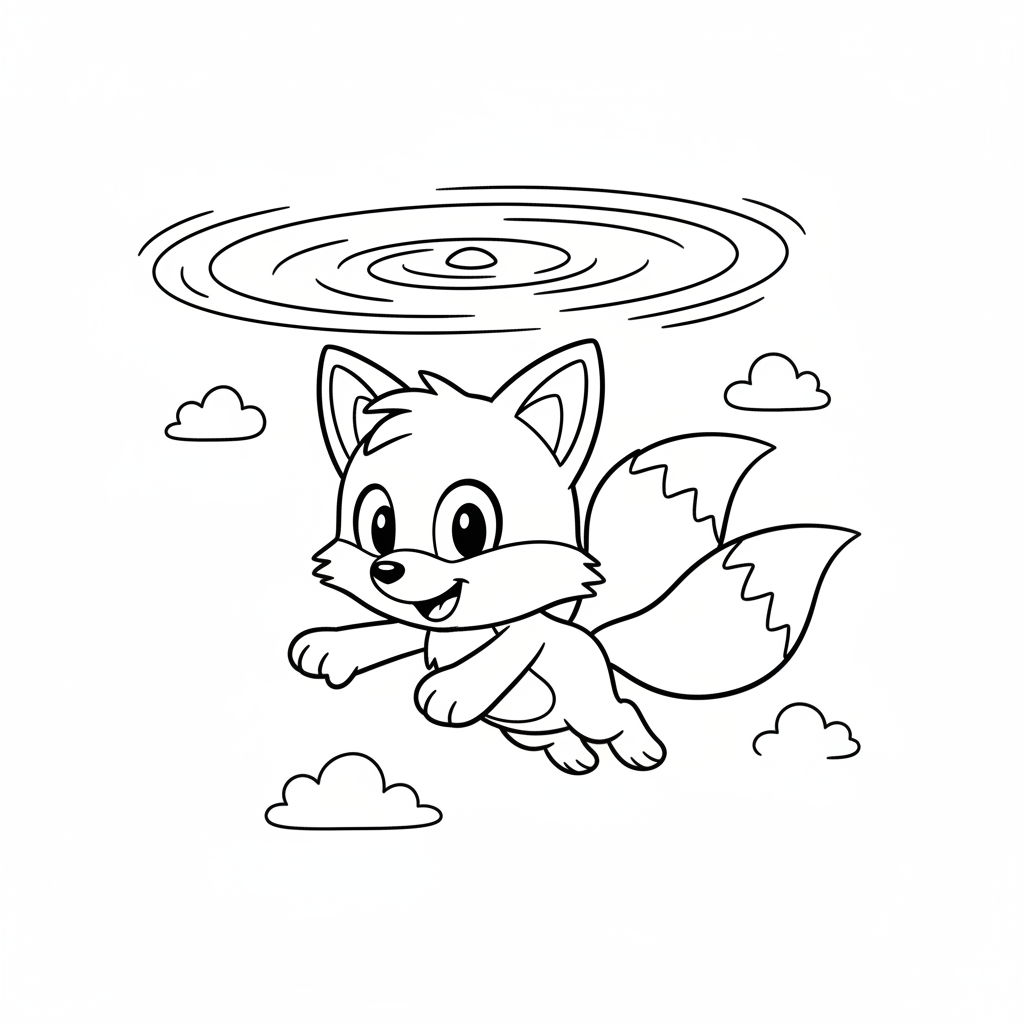Ein süßer orangefarbener Fuchs mit zwei Schwänzen, der wie ein Hubschrauber durch die Luft fliegt - Kostenloses druckbares Ausmalbild